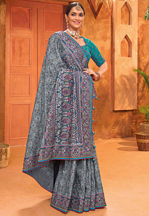 Embroidered Art Silk Saree in Grey