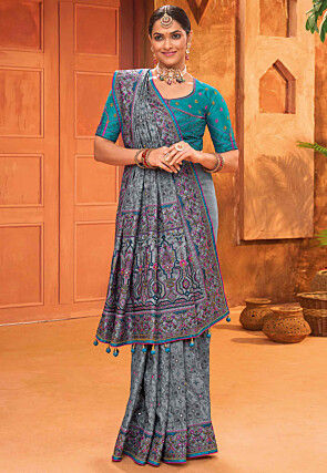 Embroidered Art Silk Saree in Grey