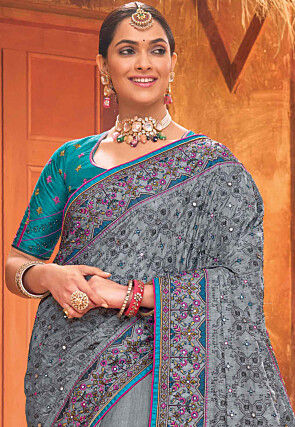 Embroidered Art Silk Saree in Grey