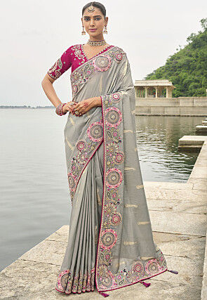 Embroidered Art Silk Saree in Grey
