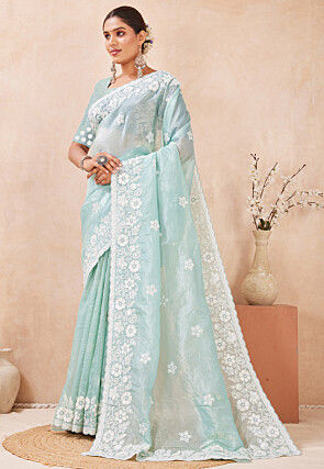 Embroidered Art Silk Crushed Scalloped Saree in Light Blue