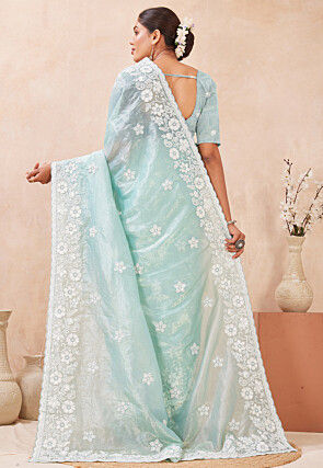 Embroidered Art Silk Crushed Scalloped Saree in Light Blue