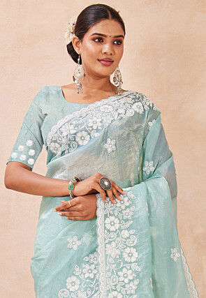 Embroidered Art Silk Crushed Scalloped Saree in Light Blue