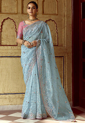 Embroidered Art Silk Saree in Light Blue
