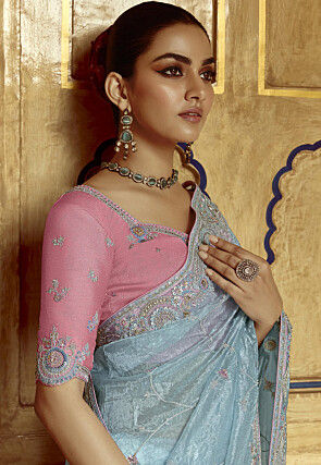 Embroidered Art Silk Saree in Light Blue