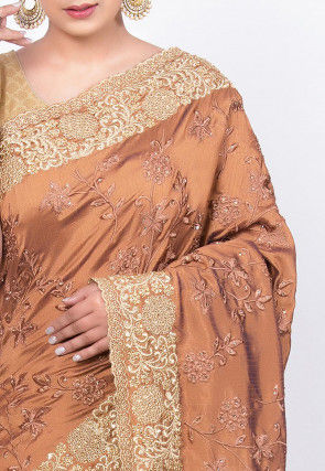Embroidered Art Silk Saree in Light Brown