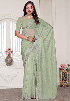 Embroidered Art Silk Saree in Light Green