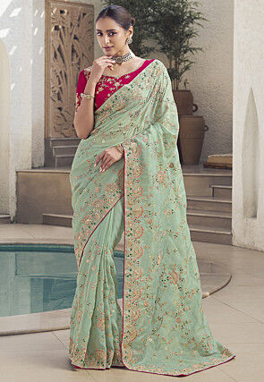 Embroidered Art Silk Saree in Light Green