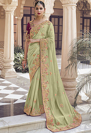 Embroidered Art Silk Saree in Light Green