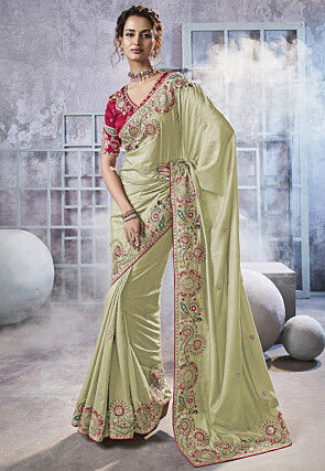 Embroidered Art Silk Saree in Light Green