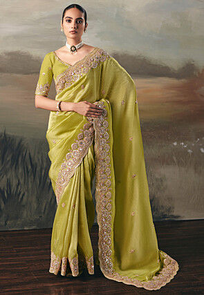 Embroidered Art Silk Saree in Light Green