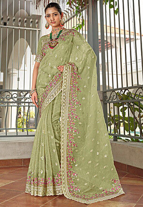 Embroidered Art Silk Saree in Light Green