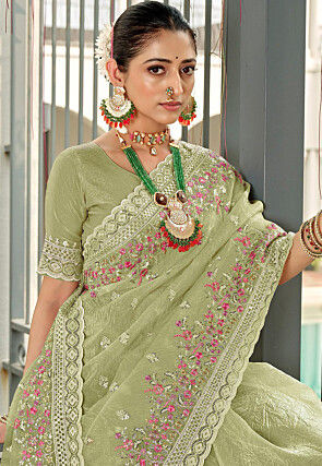 Embroidered Art Silk Saree in Light Green