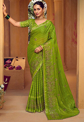 Embroidered Art Silk Saree in Light Green