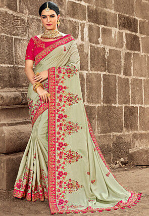 Embroidered Art Silk Saree in Light Olive Green