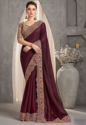 Embroidered Border Art Silk Saree in Maroon