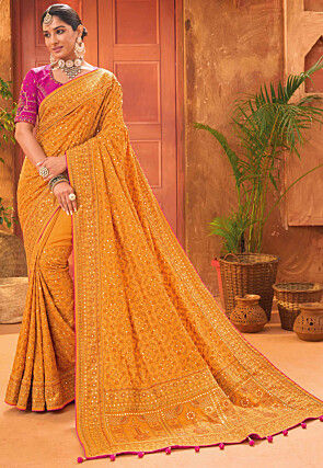 Embroidered Art Silk Saree in Mustard