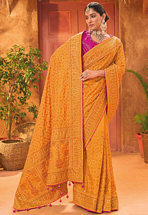 Embroidered Art Silk Saree in Mustard