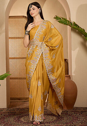 Embroidered Art Silk Saree in Mustard