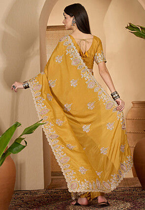 Embroidered Art Silk Saree in Mustard