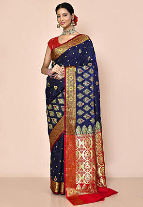Embroidered Art Silk Saree in Navy Blue