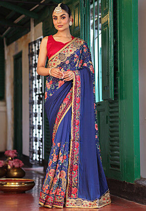 Embroidered Art Silk Saree in Navy Blue