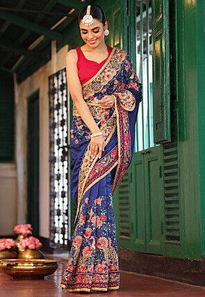 Embroidered Art Silk Saree in Navy Blue