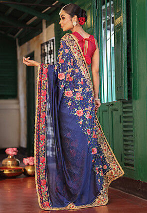 Embroidered Art Silk Saree in Navy Blue
