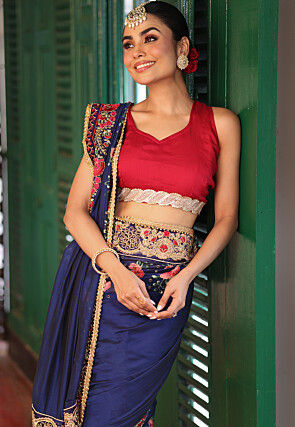 Embroidered Art Silk Saree in Navy Blue