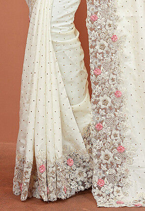 Embroidered Satin Saree in Off White