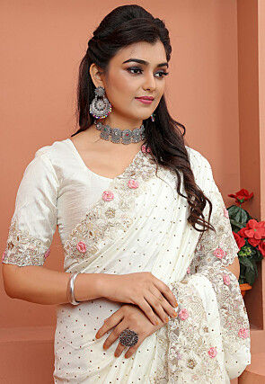 Embroidered Satin Saree in Off White