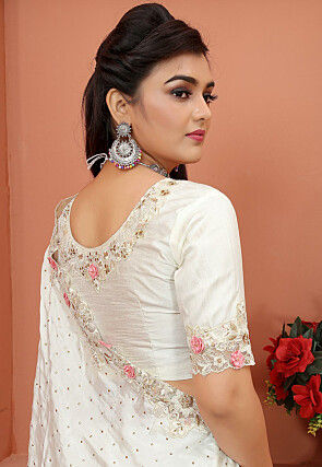 Embroidered Satin Saree in Off White