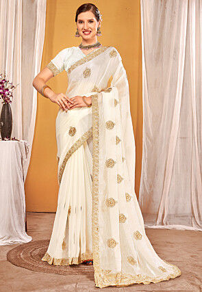 Embroidered Art Silk Saree in Off White