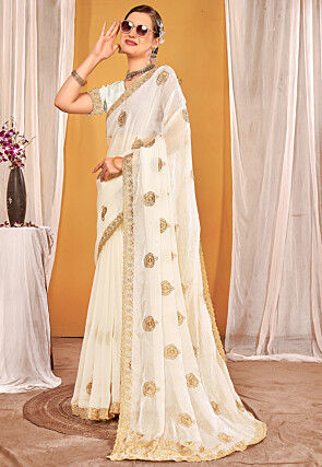 Embroidered Art Silk Saree in Off White