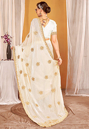 Embroidered Art Silk Saree in Off White