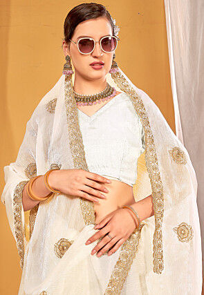 Embroidered Art Silk Saree in Off White