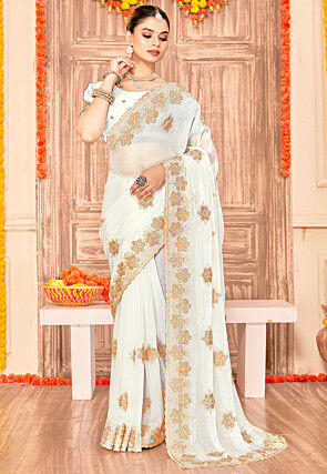 Embroidered Art Silk Saree in Off White