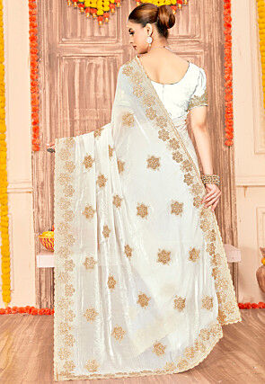 Embroidered Art Silk Saree in Off White