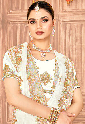 Embroidered Art Silk Saree in Off White