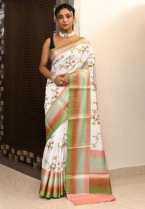 Embroidered Art Silk Saree in Off White