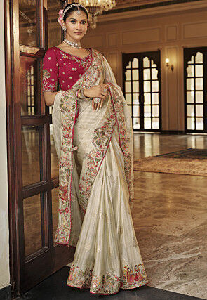 Embroidered Art Silk Saree in Off White