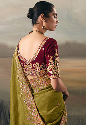 Embroidered Art Silk Saree in Olive Green