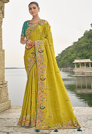 Embroidered Art Silk Jacquard Saree in Olive Green