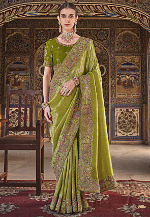 Embroidered Art Silk Jacquard Saree in Olive Green
