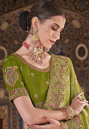 Embroidered Art Silk Jacquard Saree in Olive Green