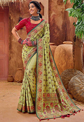 Embroidered Art Silk Saree in Olive Green