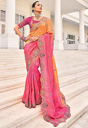 Embroidered Art Silk Saree in Orange and Pink Shaded