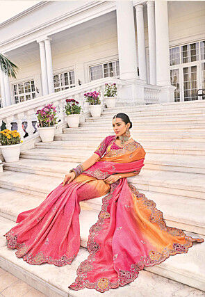 Embroidered Art Silk Saree in Orange and Pink Shaded