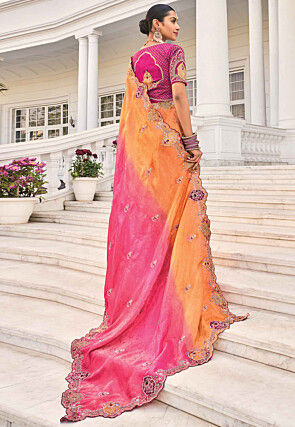 Embroidered Art Silk Saree in Orange and Pink Shaded