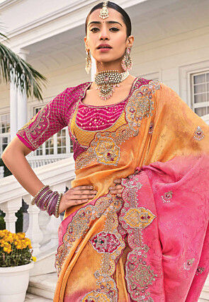 Embroidered Art Silk Saree in Orange and Pink Shaded
